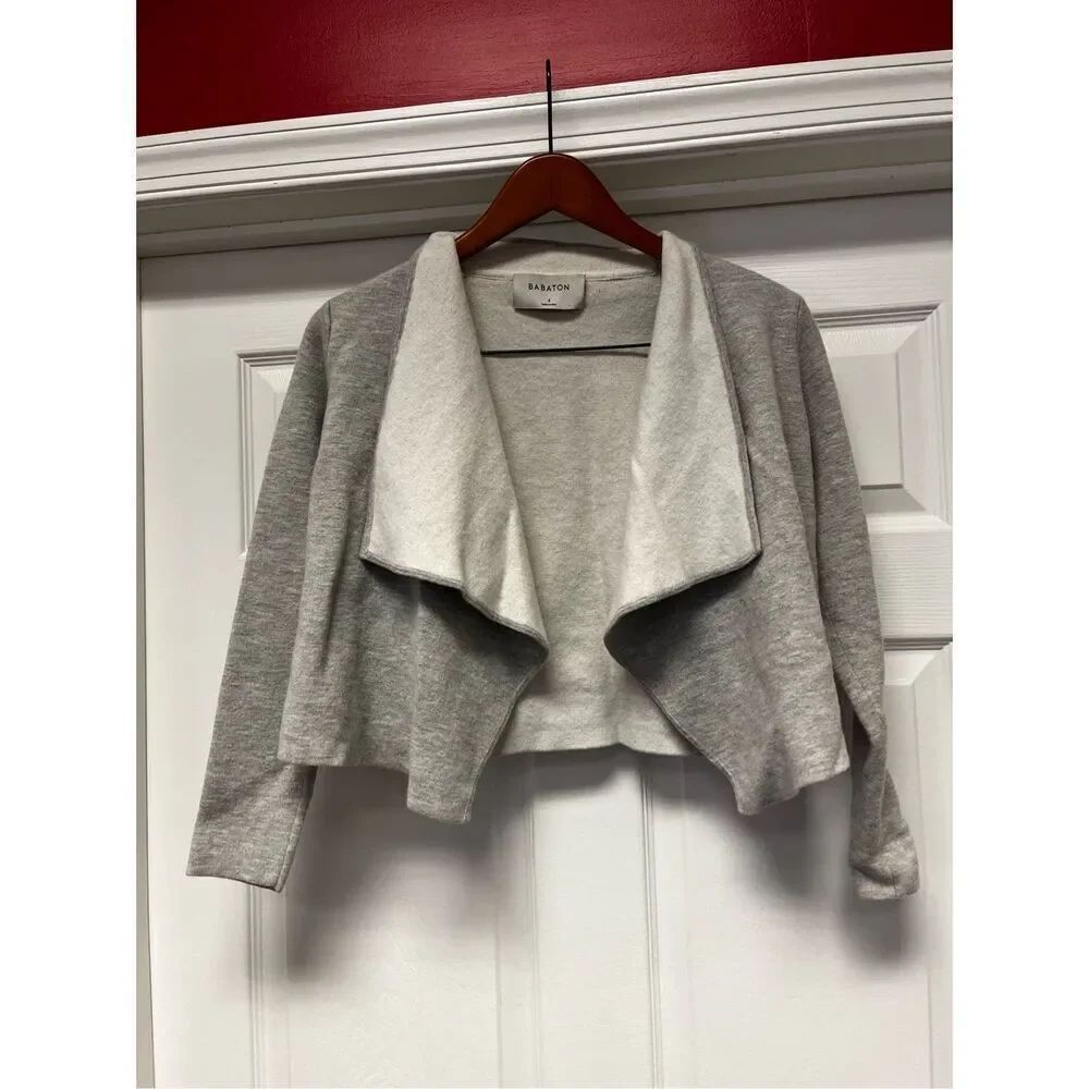 Aritzia Babaton Gray Wool/ Linen Open Front Cropped Waterfall Cardigan Sweater s